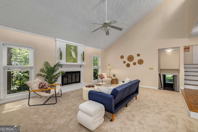 living area featuring carpet, a wealth of natural light, and a fireplace