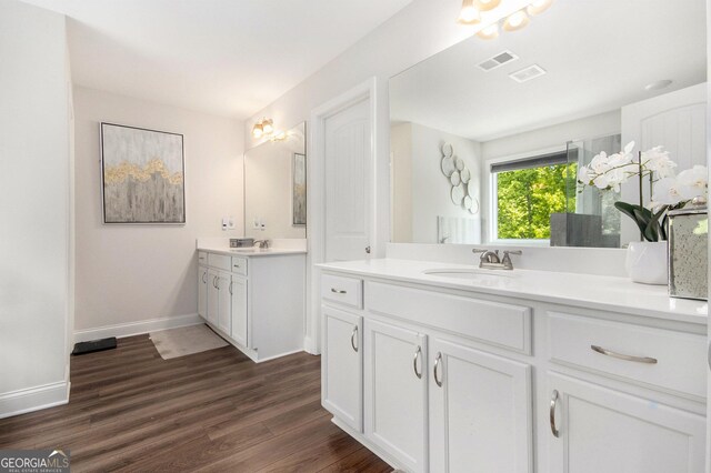 full bathroom with a sink, two vanities, wood finished floors, and visible vents