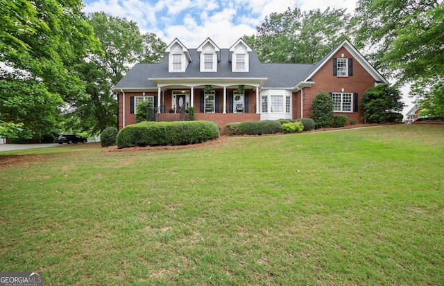 cape cod home with brick siding and a front lawn