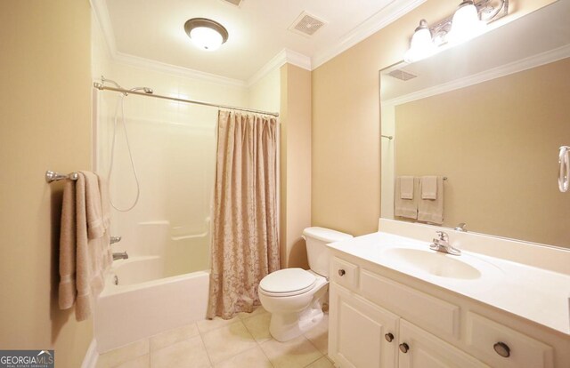 full bath featuring vanity, toilet, tile patterned floors, visible vents, and ornamental molding
