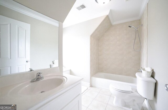 bathroom with visible vents, ornamental molding, tile patterned flooring, vanity, and toilet