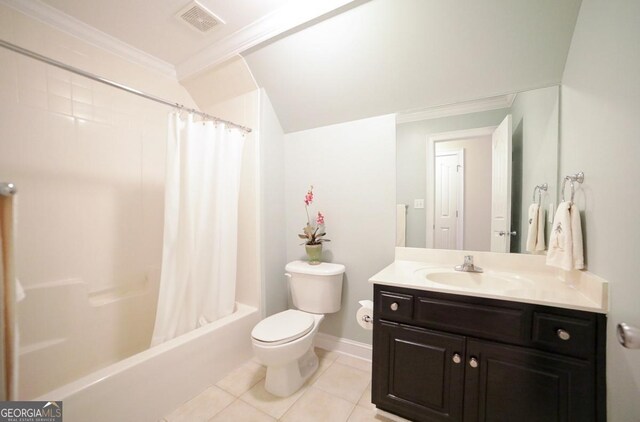 full bathroom with visible vents, crown molding, tile patterned flooring, vanity, and toilet