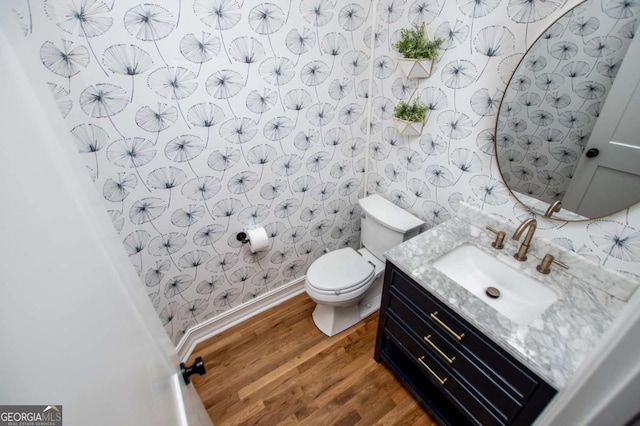 1745 Stripling Chapel Rd, Carrollton, GA 30116 - bathroom with vanity, wood finished floors, toilet, and wallpapered walls