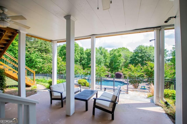 1745 Stripling Chapel Rd, Carrollton, GA 30116 - view of patio with fence, stairs, a fenced in pool, an outdoor living space, and a ceiling fan