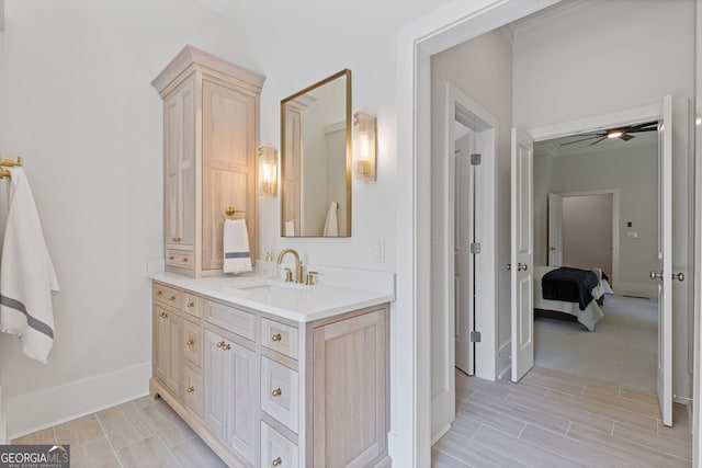 bathroom with vanity, baseboards, and wood finish floors