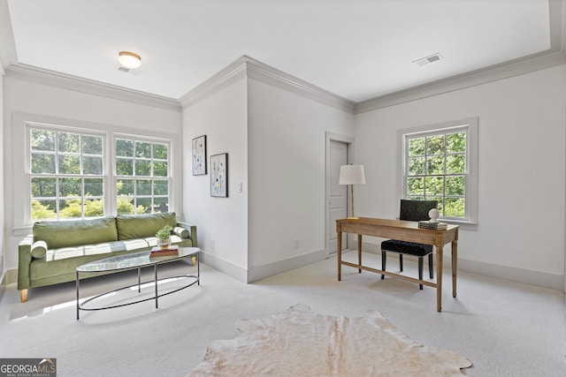 office with crown molding, visible vents, and carpet floors