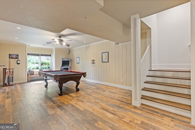 game room with crown molding, ceiling fan, wood-type flooring, baseboards, and billiards