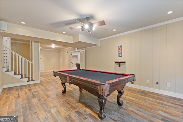 rec room featuring crown molding, wood finished floors, baseboards, ceiling fan, and billiards