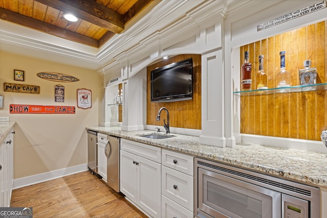 kitchen featuring light stone countertops, a sink, stainless steel appliances, white cabinetry, and wood ceiling
