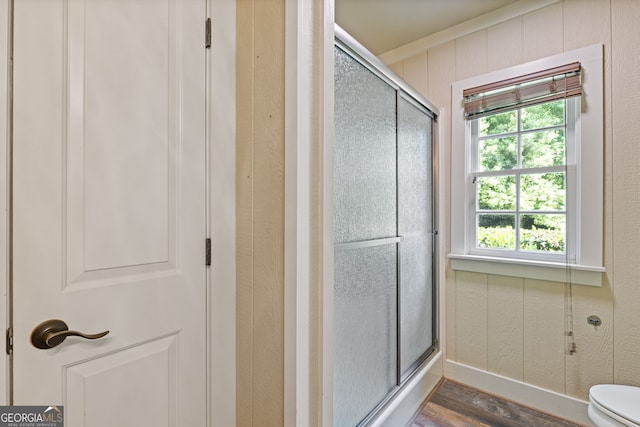 bathroom featuring toilet, plenty of natural light, and a stall shower