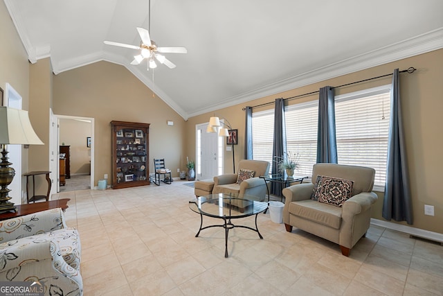 living area featuring visible vents, ornamental molding, ceiling fan, light tile patterned floors, and vaulted ceiling