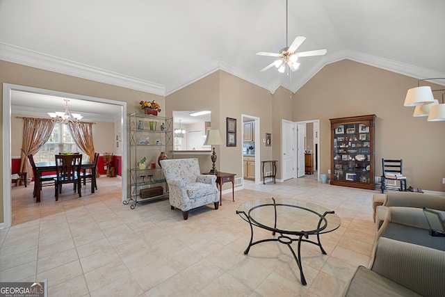 living area featuring crown molding, ceiling fan with notable chandelier, light tile patterned floors, and lofted ceiling