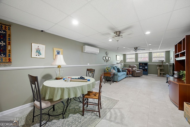 dining room featuring recessed lighting, a wall mounted air conditioner, baseboards, and ceiling fan