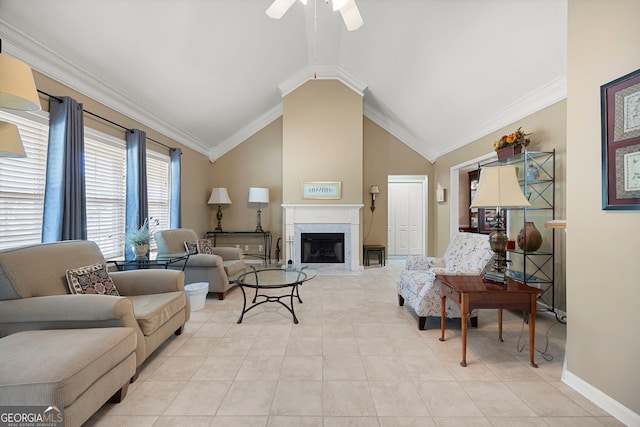 living room with a ceiling fan, a high end fireplace, light tile patterned floors, baseboards, and lofted ceiling