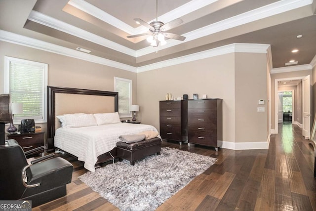 bedroom featuring recessed lighting, baseboards, ornamental molding, and dark wood finished floors
