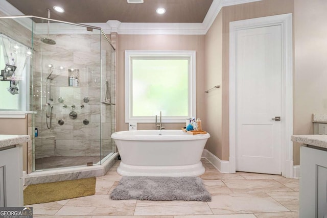 bathroom with vanity, ornamental molding, marble finish floor, and a shower stall