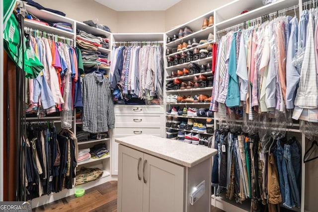 walk in closet featuring dark wood-style flooring