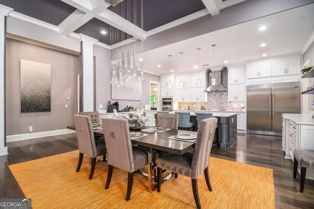 dining room with recessed lighting, dark wood finished floors, and beam ceiling