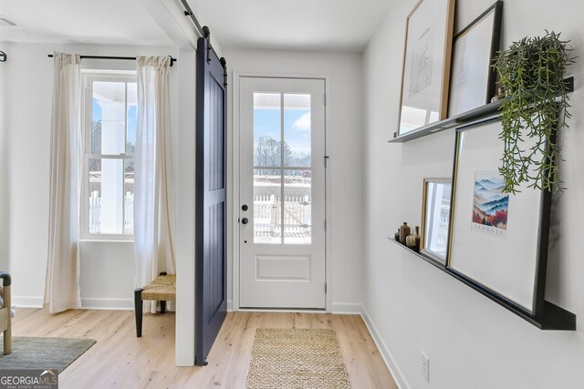 208 Village Overlook Unit J3, Canton, GA 30114 - doorway featuring light wood-style flooring, healthy amount of natural light, a barn door, and baseboards