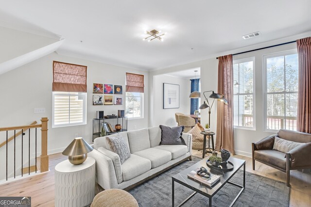 208 Village Overlook Unit J3, Canton, GA 30114 - living room featuring light wood-style flooring, healthy amount of natural light, baseboards, and vaulted ceiling