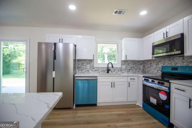 kitchen with visible vents, white cabinets, tasteful backsplash, a sink, and stainless steel appliances