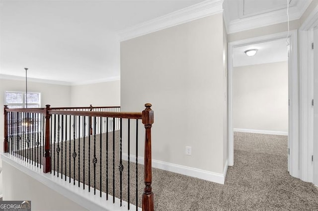 735 Scenic Creek Dr, Lawrenceville, GA 30046 - hallway with crown molding, carpet flooring, and attic access