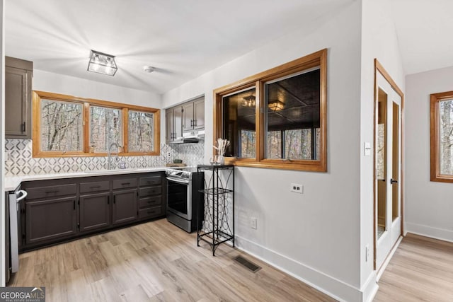 49 Baum Weg, Helen, GA 30545 - kitchen featuring light wood-style flooring, stainless steel appliances, backsplash, under cabinet range hood, and visible vents