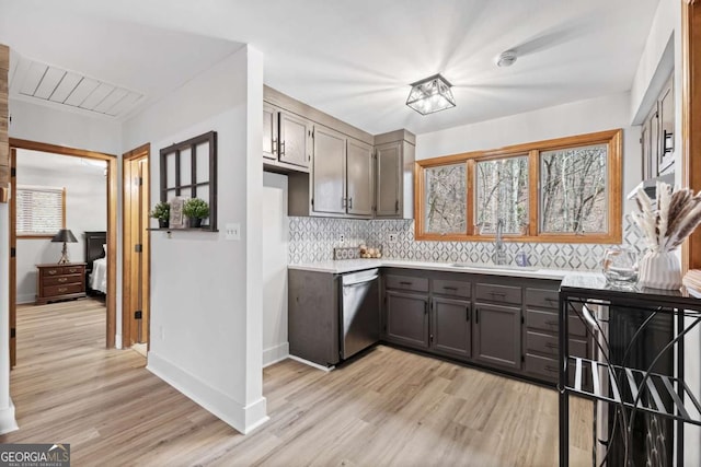 49 Baum Weg, Helen, GA 30545 - kitchen featuring a sink, light wood-style flooring, backsplash, and dishwasher