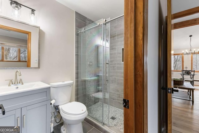 49 Baum Weg, Helen, GA 30545 - full bath with vanity, a healthy amount of sunlight, toilet, a shower stall, and a notable chandelier