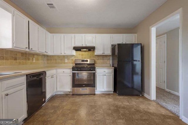 785 Redland Dr, Jonesboro, GA 30238 - kitchen with black appliances, under cabinet range hood, white cabinetry, light countertops, and tasteful backsplash
