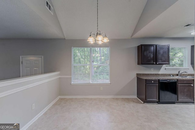 kitchen with dishwasher, a sink, a chandelier, dark brown cabinets, and vaulted ceiling