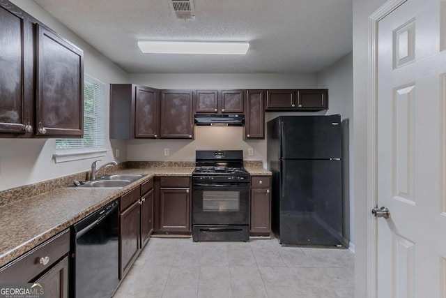 kitchen featuring black appliances, extractor fan, a sink, dark brown cabinetry, and light tile patterned floors