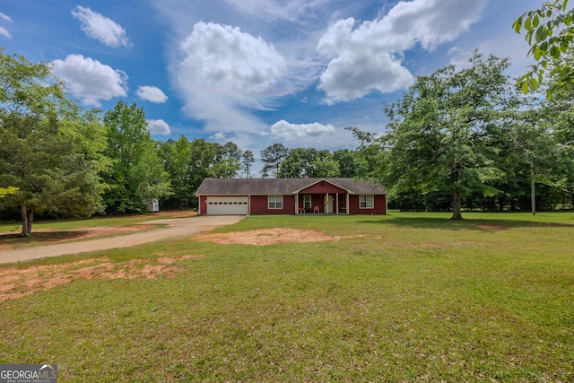 ranch-style house featuring an attached garage, dirt driveway, and a front yard
