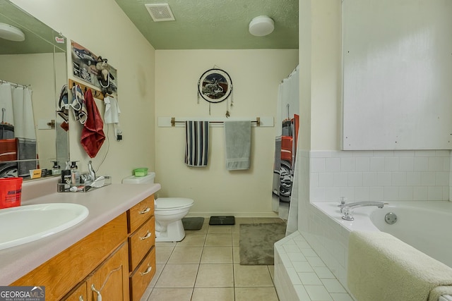 full bath featuring tile patterned flooring, vanity, baseboards, visible vents, and a bath