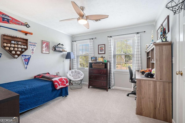 bedroom with crown molding, baseboards, ceiling fan, a textured ceiling, and carpet