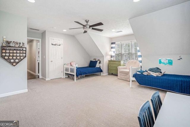 bedroom featuring visible vents, baseboards, lofted ceiling, carpet flooring, and recessed lighting