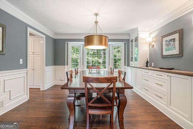 dining space with crown molding, a decorative wall, wainscoting, and dark wood-style flooring