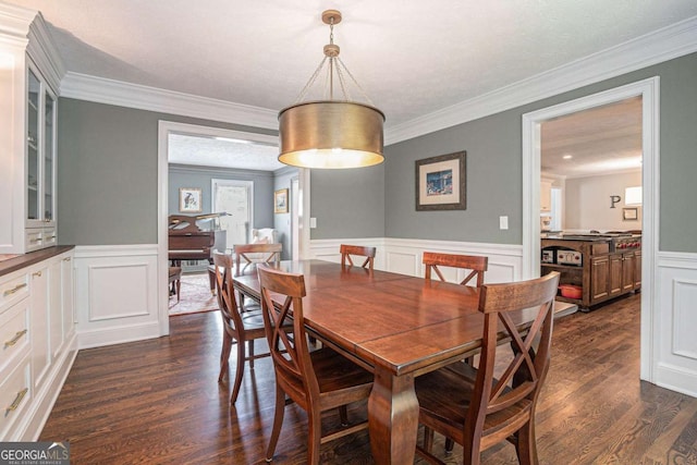 dining space featuring a decorative wall, wainscoting, and dark wood-type flooring