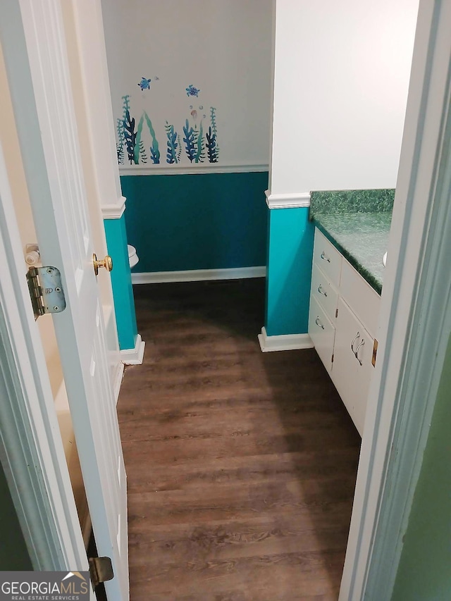 bathroom with vanity and wood finished floors