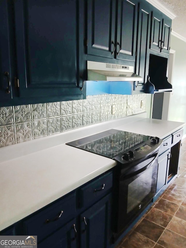 kitchen with black range with electric stovetop, ornamental molding, light countertops, under cabinet range hood, and tasteful backsplash