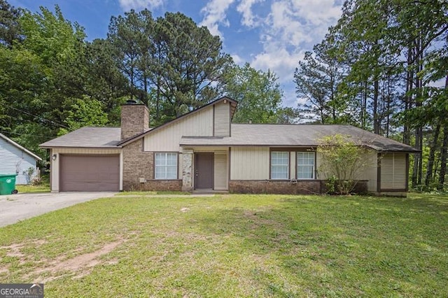 1774 Northwick Pl, Lithonia, GA 30058 - view of front of home with a front yard, a chimney, brick siding, concrete driveway, and an attached garage