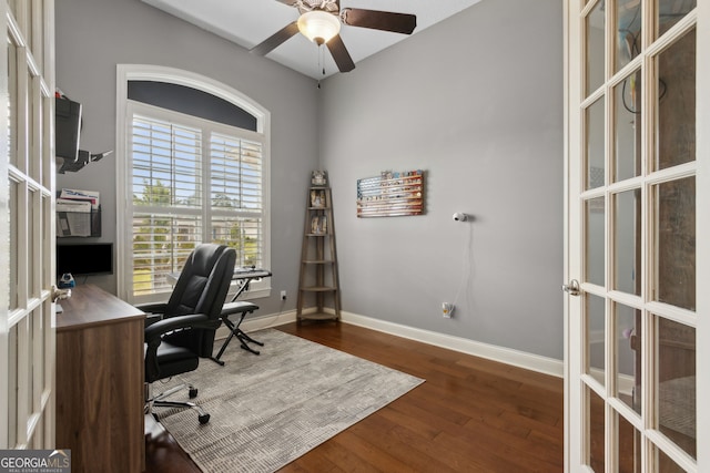 office with french doors, baseboards, ceiling fan, and dark wood-style floors