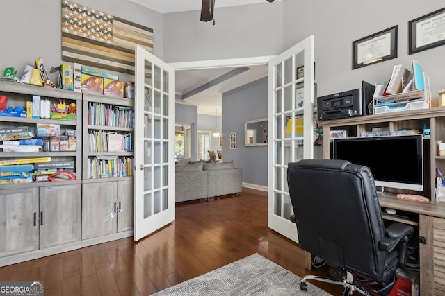 office area featuring french doors, ceiling fan, and wood finished floors