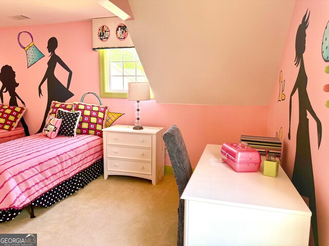 bedroom with visible vents and light carpet