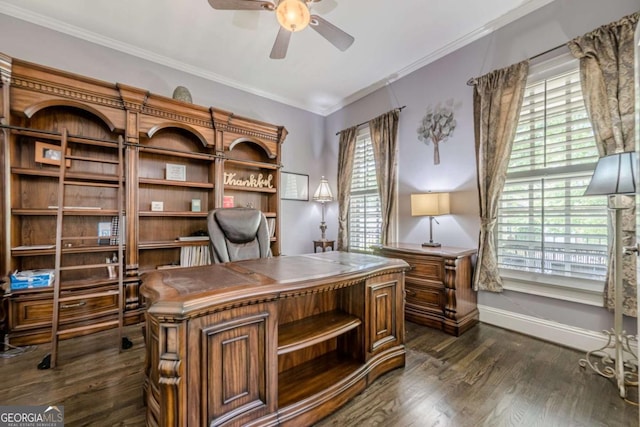 office featuring crown molding, a ceiling fan, plenty of natural light, and dark wood-type flooring
