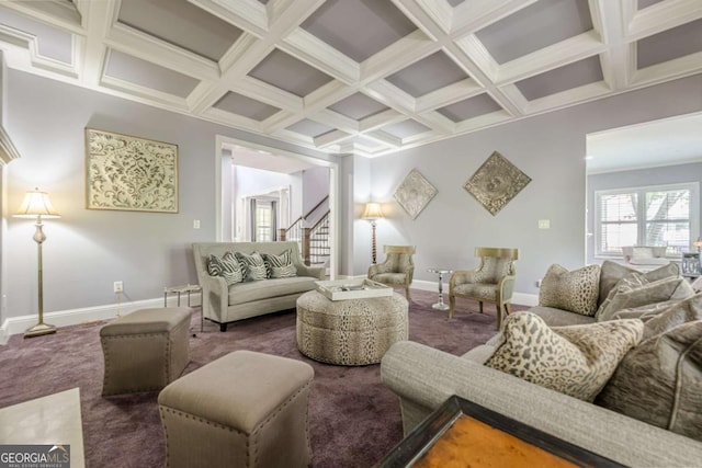 carpeted living room with baseboards, beam ceiling, stairway, and coffered ceiling