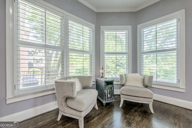 sitting room with baseboards, crown molding, and dark wood-type flooring