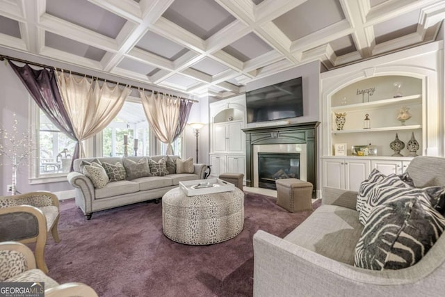 carpeted living area featuring coffered ceiling, a glass covered fireplace, and beamed ceiling