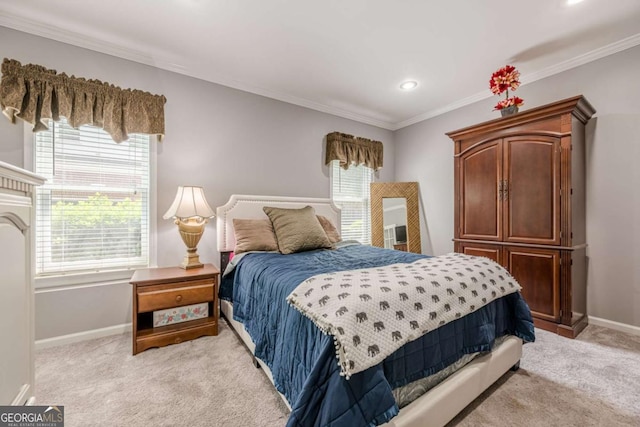 bedroom with crown molding, baseboards, recessed lighting, and light colored carpet