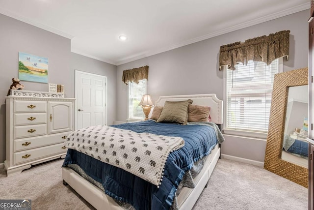 bedroom with ornamental molding, multiple windows, and light colored carpet